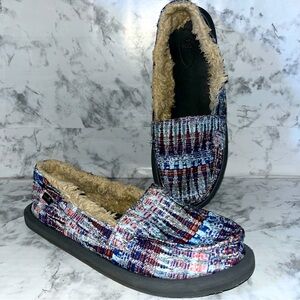 Sanuk Slip On Flat Loafers Blue Icicle Lined With Faux Fur Women's 7 Shorty